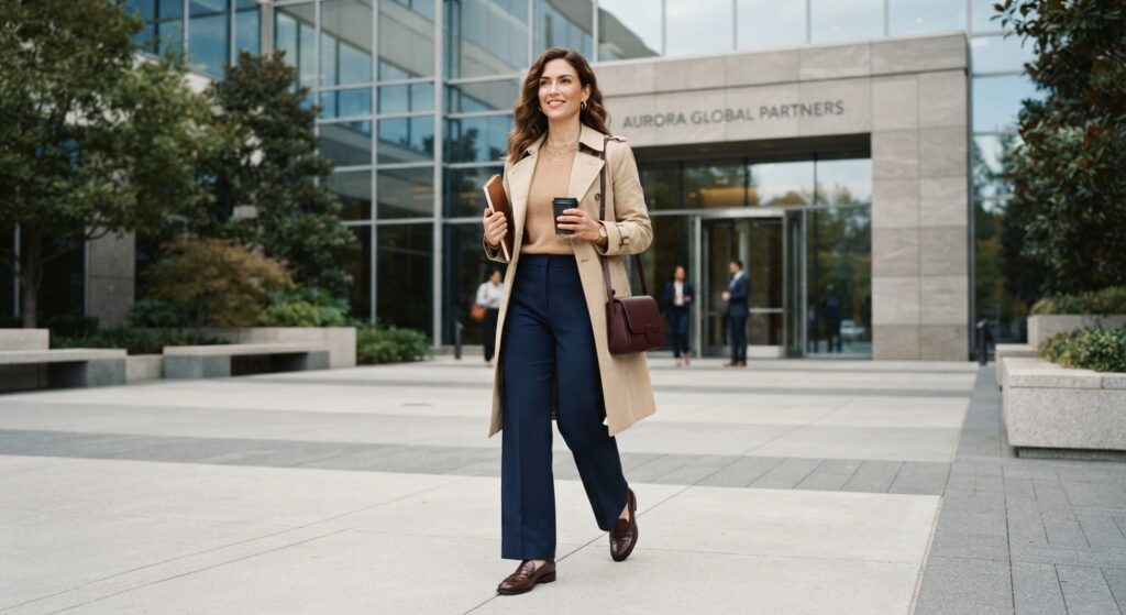Woman wearing a beige trench coat and tailored trousers