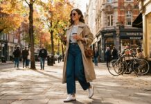 Woman wearing an oversized trench coat, striped tee, and wide denim