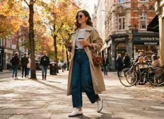 Woman wearing an oversized trench coat, striped tee, and wide denim