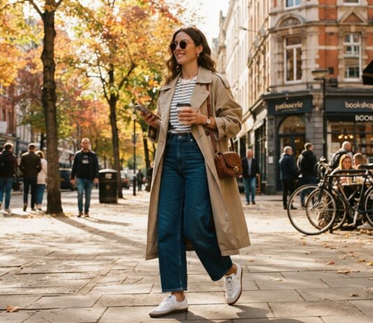 Woman wearing an oversized trench coat, striped tee, and wide denim