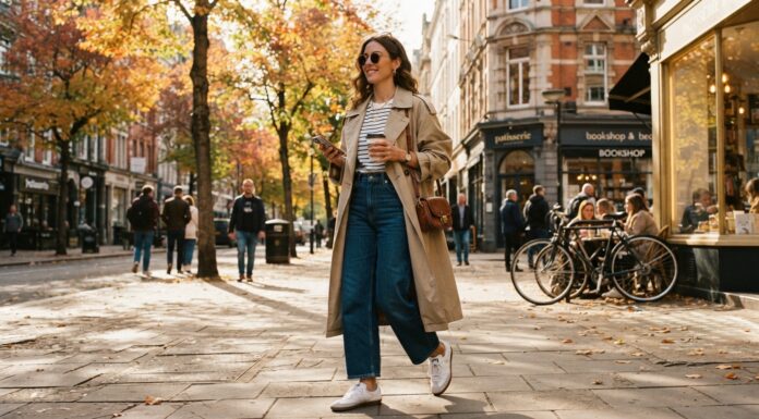Woman wearing an oversized trench coat, striped tee, and wide denim