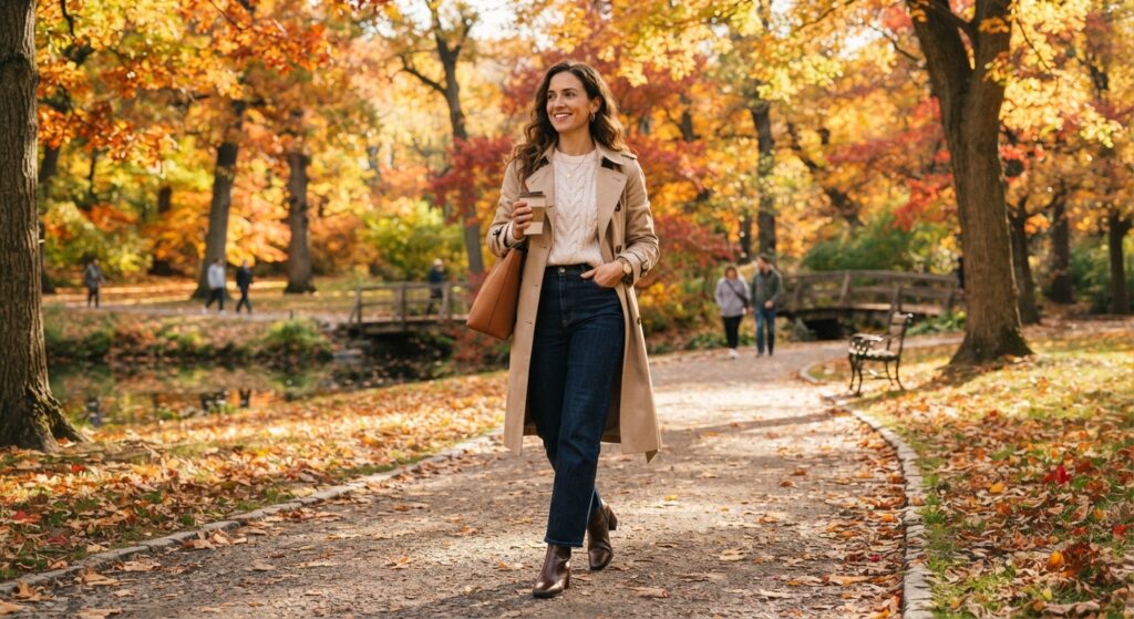 Woman wearing a trench coat over a chunky knit sweater