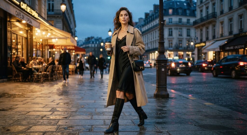 Woman wearing a trench coat over a black silk slip dress and boots