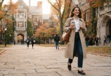 Woman wearing a beige trench coat, white shirt, and dark jeans