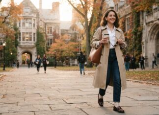 Woman wearing a beige trench coat, white shirt, and dark jeans