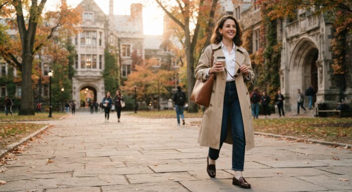 Woman wearing a beige trench coat, white shirt, and dark jeans