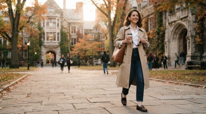 Smart-Casual Office & Campus Outfits : How to Look Professional Woman wearing a beige trench coat, white shirt, and dark jeans