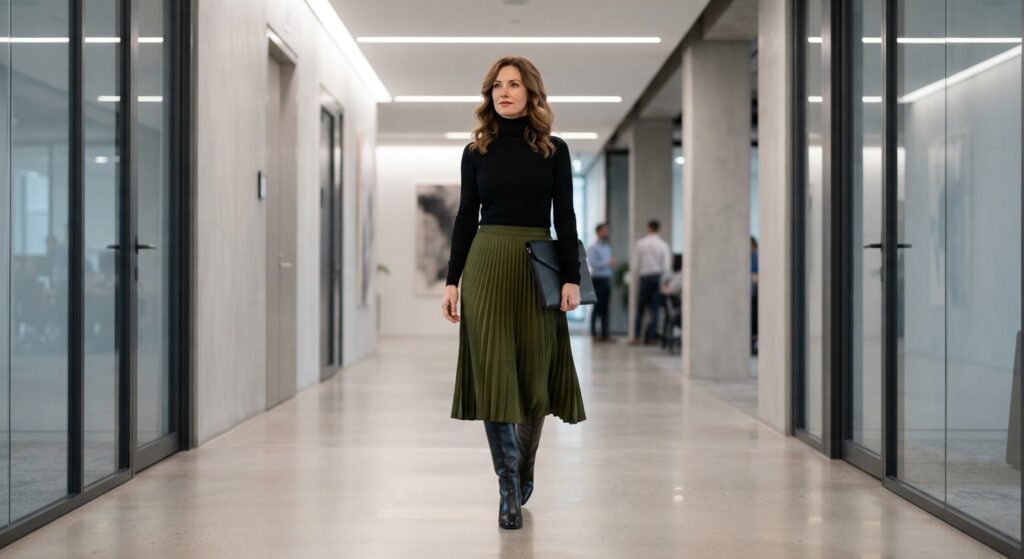 Woman wearing a black turtleneck and olive midi skirt for work