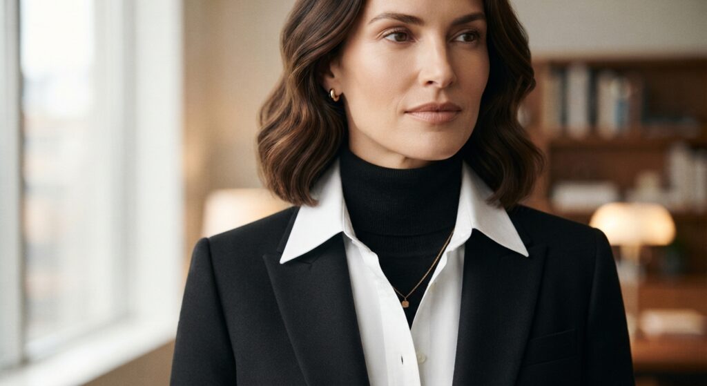 Close-up of a black turtleneck layered under a white poplin shirt