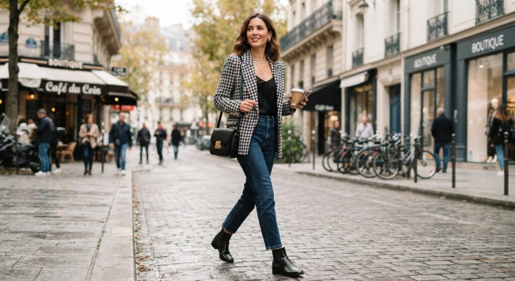 Woman wearing a tweed blazer and dark denim jeans