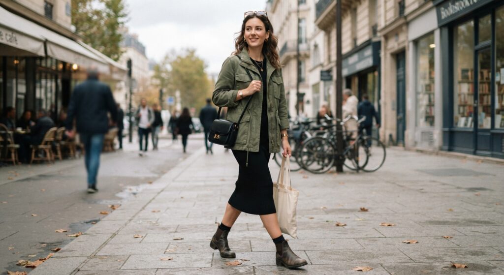 Woman wearing an olive utility jacket over a black knit dress