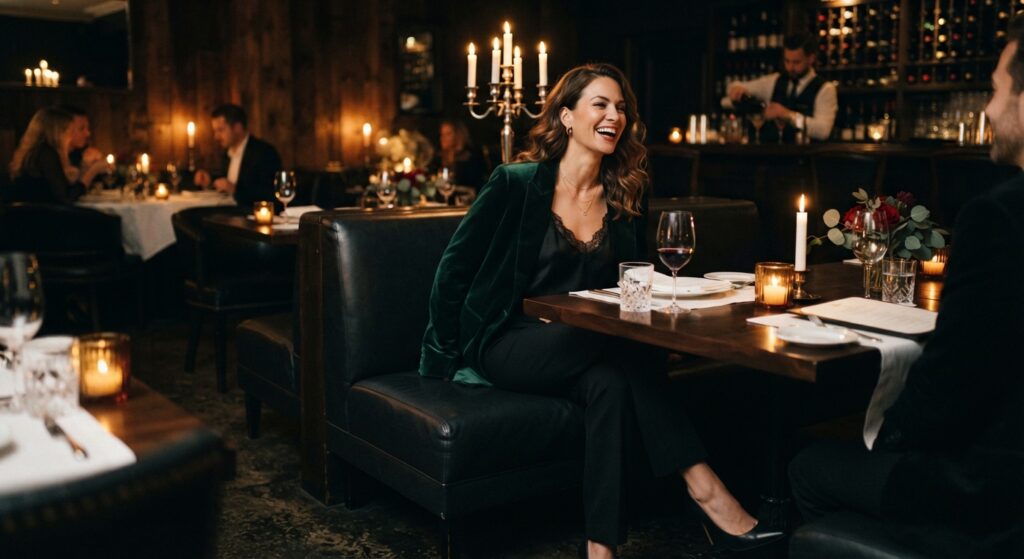 Woman wearing a velvet blazer and tailored trousers for a dinner date