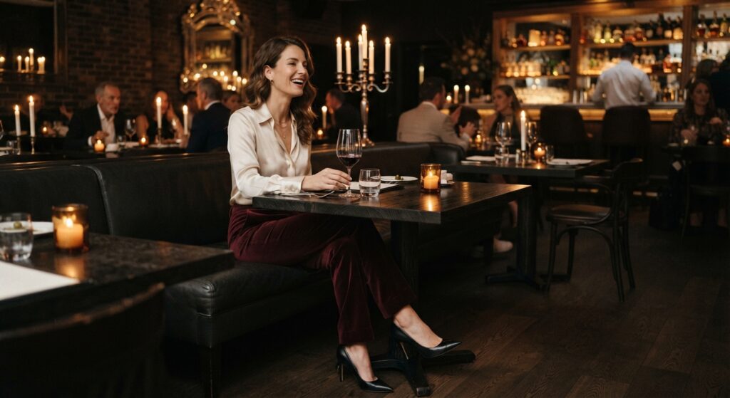 Woman wearing burgundy velvet trousers and a silk blouse for a date