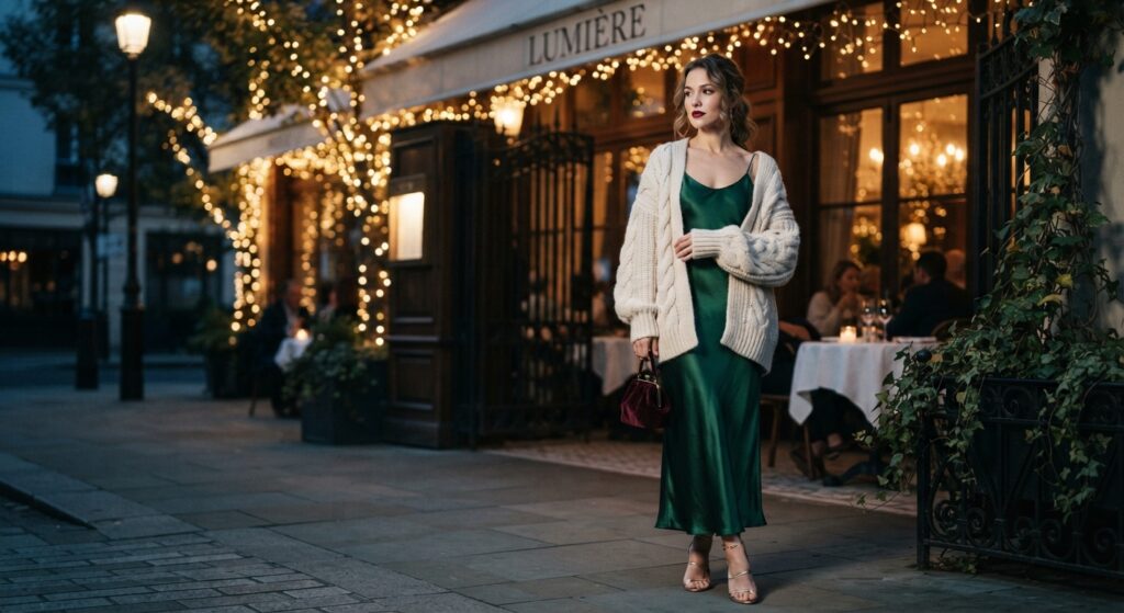 Woman wearing emerald green satin slip dress and cream cardigan on a date night