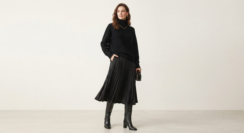 Woman wearing an all-black monochromatic outfit with texture mixing