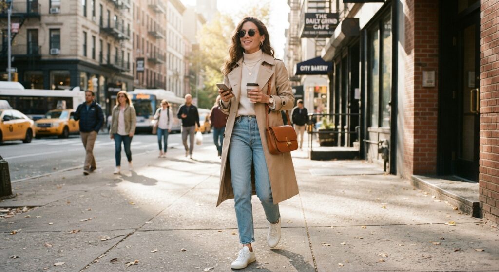 Woman wearing a beige trench coat and cream turtleneck with denim