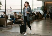 Travel & Airport Outfit Ideas: Comfortable, Chic Looks Woman wearing a wool blazer over a hoodie and leggings for travel