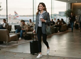 Travel & Airport Outfit Ideas: Comfortable, Chic Looks Woman wearing a wool blazer over a hoodie and leggings for travel