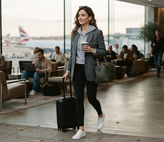 Travel & Airport Outfit Ideas: Comfortable, Chic Looks Woman wearing a wool blazer over a hoodie and leggings for travel