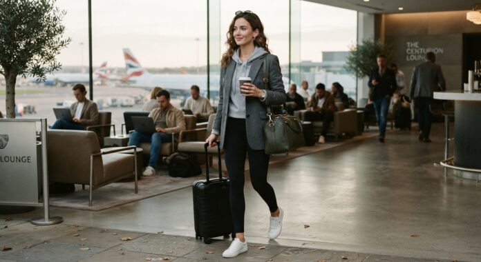 blazer-and-hoodie-airport-outfit Woman wearing a wool blazer over a hoodie and leggings for travel