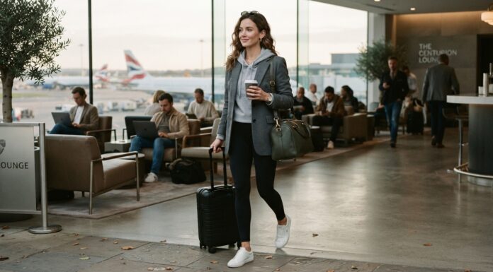 Travel & Airport Outfit Ideas: Comfortable, Chic Looks Woman wearing a wool blazer over a hoodie and leggings for travel