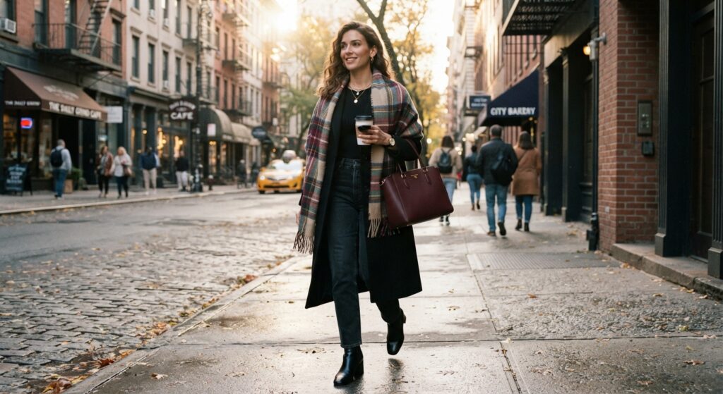 Woman wearing a black trench coat with a burgundy leather tote and plaid scarf3. The Square-Toe Ankle Boot Look
Outfit Name: Tailored Black Blazer + White Tee + Straight Denim + Square-Toe Ankle Boots
Description: A structured black blazer over a white cotton tee and straight-leg denim, finished with black leather square-toe block-heel ankle boots and a minimalist black shoulder bag.
Why It Works: Square-toe boots offer a modern, architectural update to traditional round-toe ankle boots.
Where to Wear It: Casual office days, weekend lunches, or city exploring.
Styling Tip: Ensure your straight-leg jeans graze the top of the boot shaft for a clean line.
Alternative: Swap ankle boots for loafers for a flat alternative.