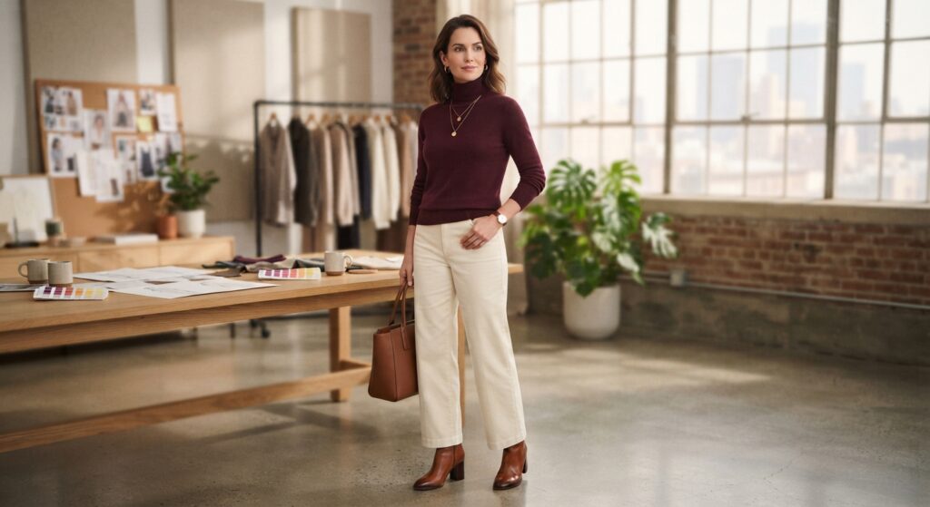 Woman wearing a burgundy turtleneck and cream corduroy trousers for work