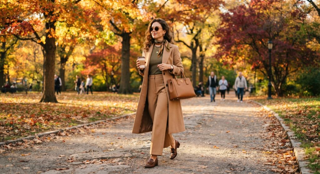 Woman wearing an olive green top and camel trousers with a wool coat
