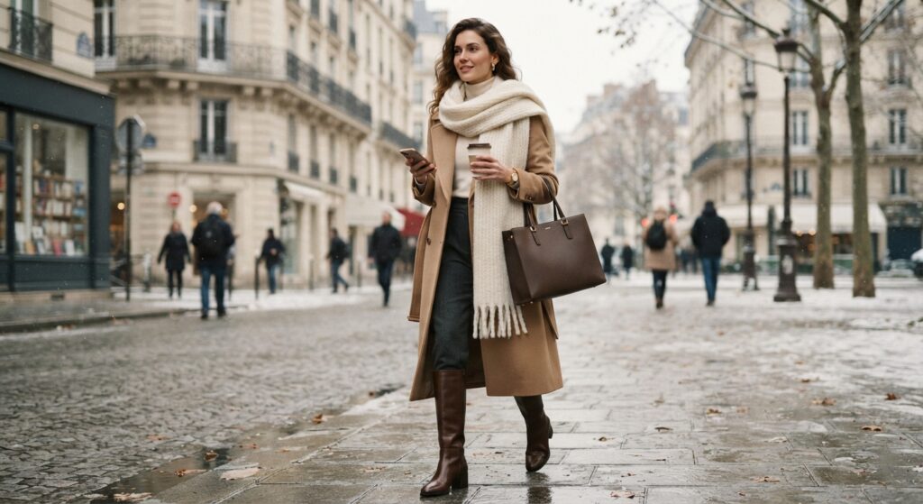 Woman wearing a camel wool coat and a thick cream cashmere scarf