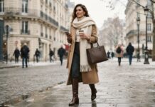 The Ultimate Footwear & Accessory Guide for Fall & Winter Woman wearing a camel wool coat and a thick cream cashmere scarf