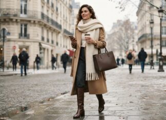 The Ultimate Footwear & Accessory Guide for Fall & Winter Woman wearing a camel wool coat and a thick cream cashmere scarf