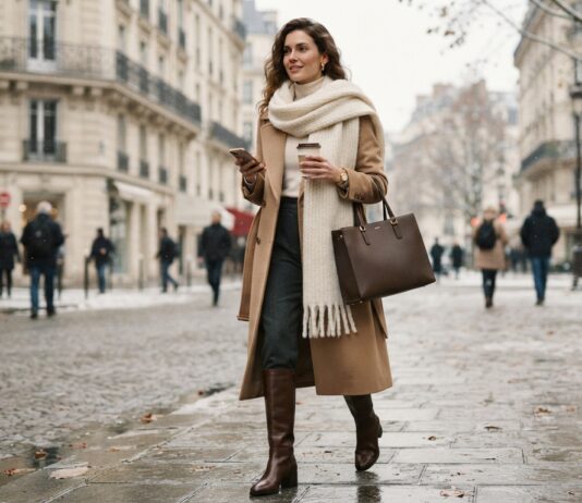 The Ultimate Footwear & Accessory Guide for Fall & Winter Woman wearing a camel wool coat and a thick cream cashmere scarf
