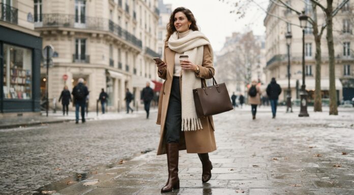 The Ultimate Footwear & Accessory Guide for Fall & Winter Woman wearing a camel wool coat and a thick cream cashmere scarf