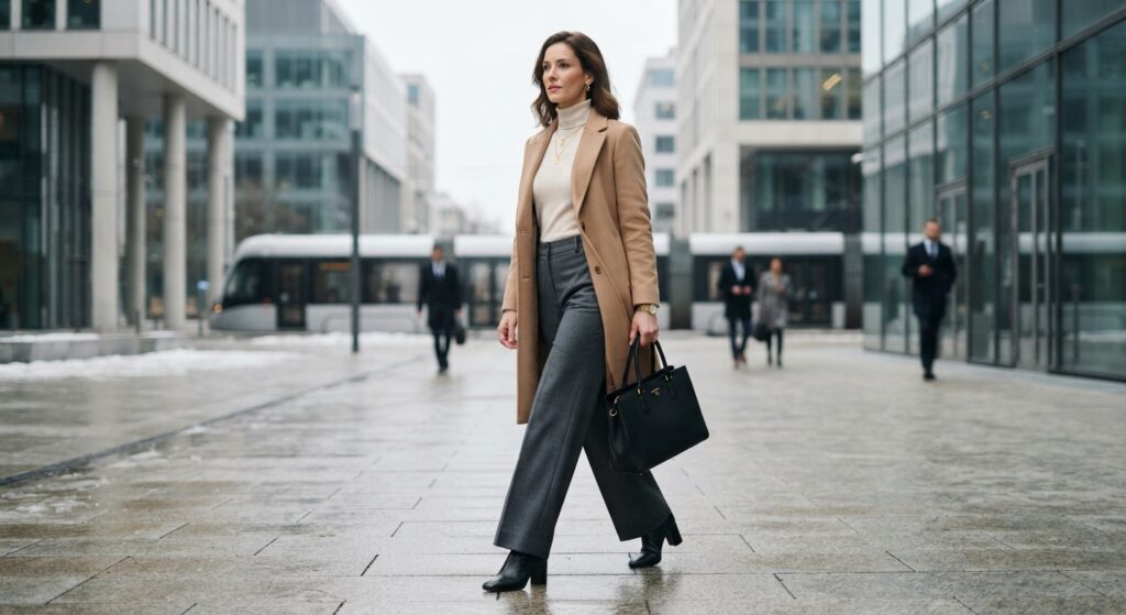 Woman wearing a camel wool coat, cream turtleneck and tailored trousers for a winter work outfit