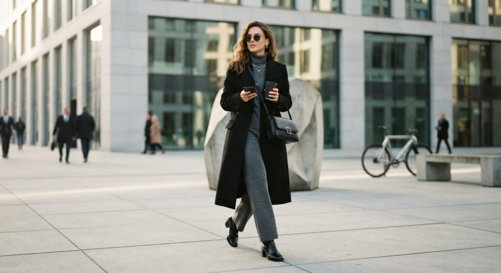 Woman wearing a charcoal grey knit set under a black wool coat