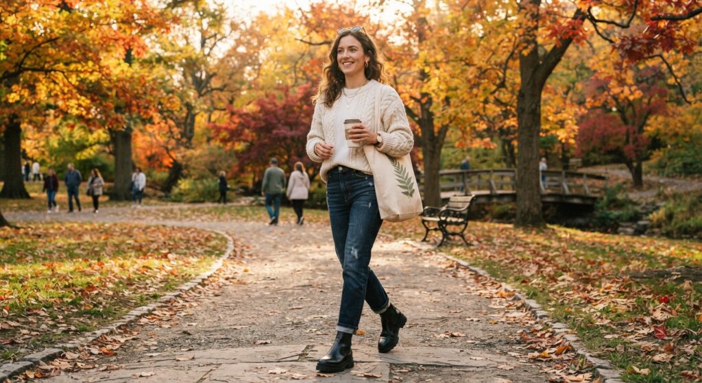 Woman wearing chunky Chelsea boots and carrying a canvas tote bag