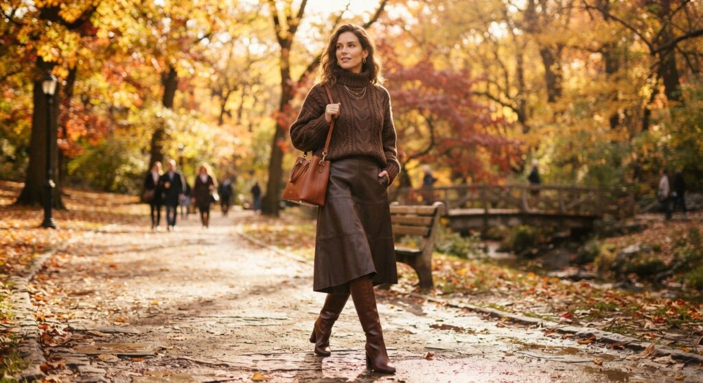 Woman wearing chocolate brown sweater and a leather skirt