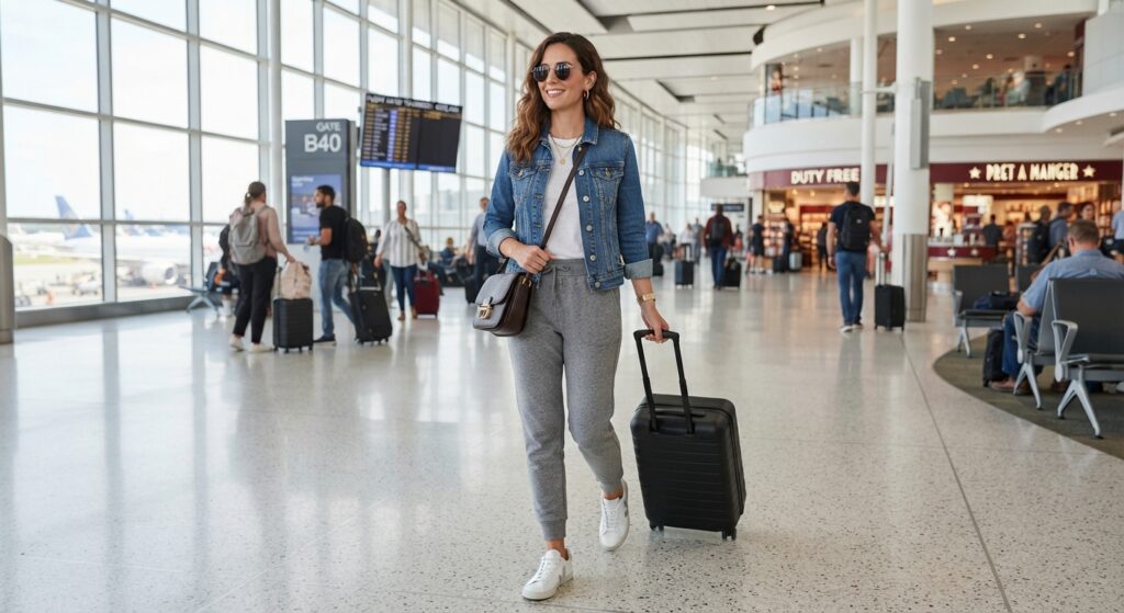 Woman wearing a denim jacket and grey joggers for air travel