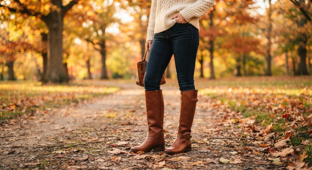 Close up of cognac leather riding boots worn with denim and cream knitwear
