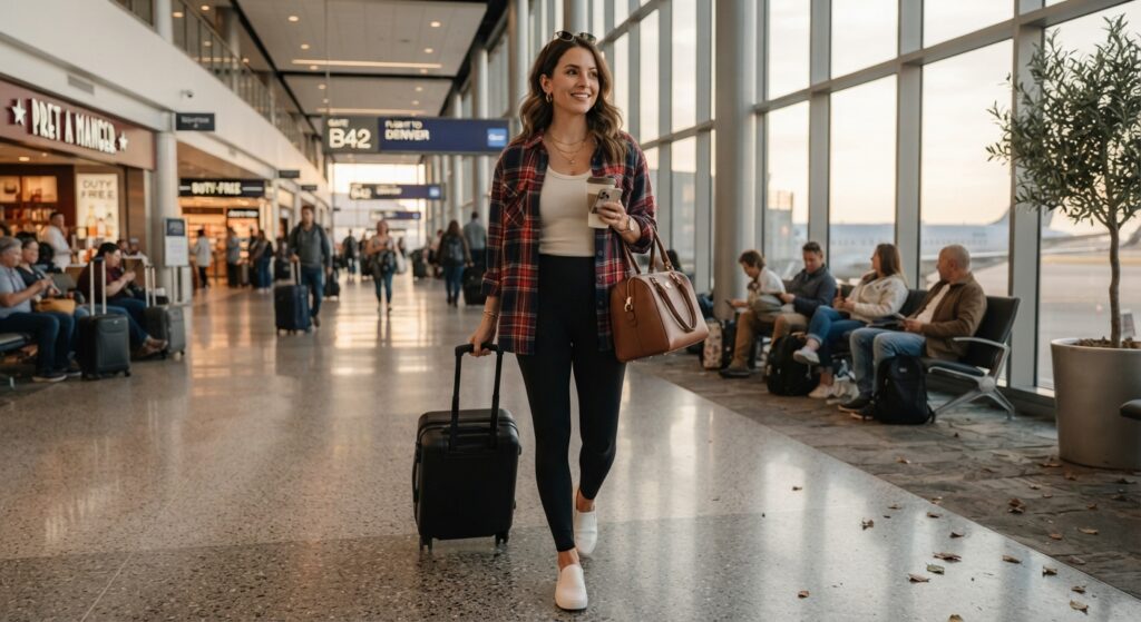 Woman wearing an oversized flannel shirt and leggings for travel