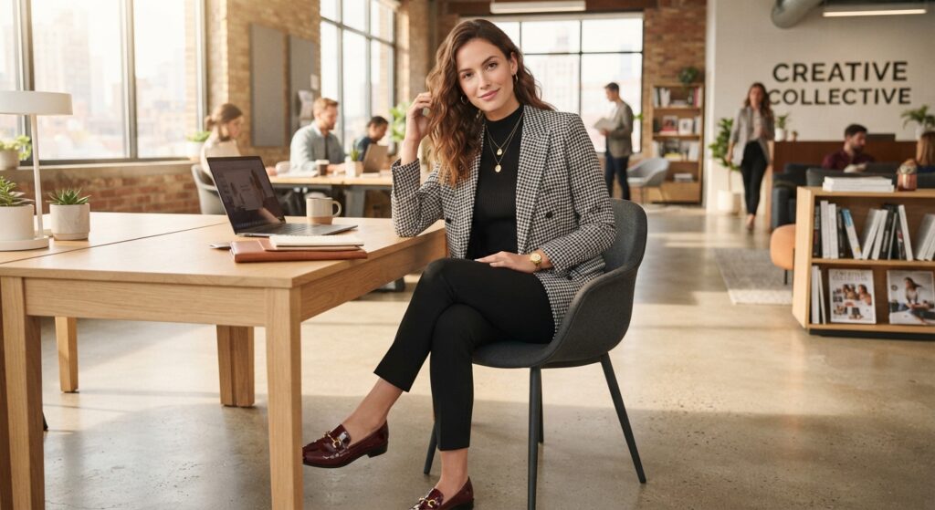 Professional woman wearing a houndstooth blazer and black trousers in a modern office