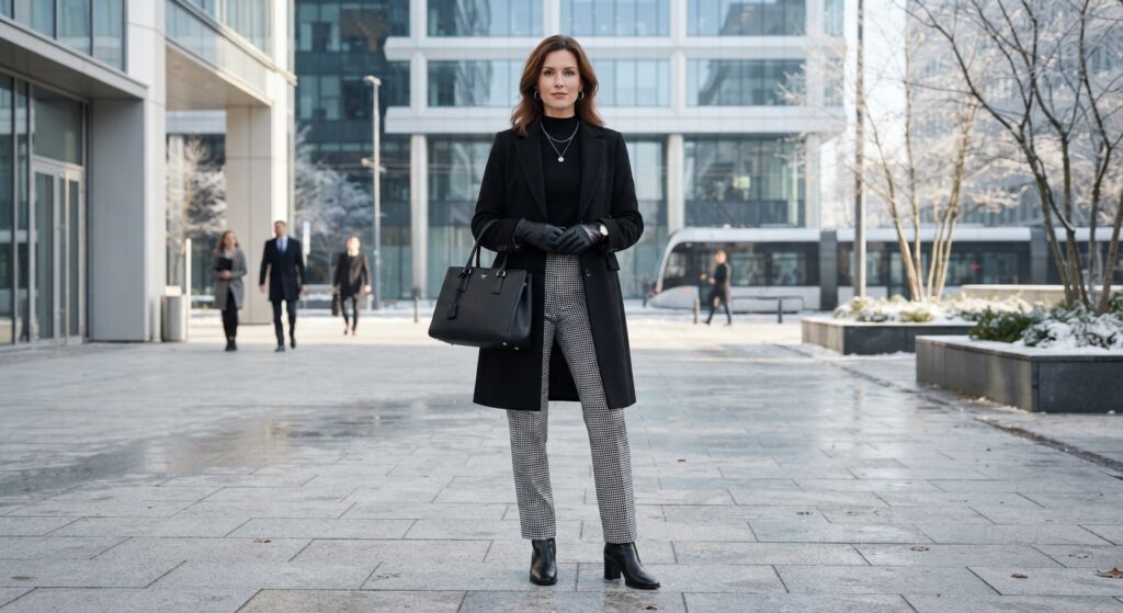 Woman wearing houndstooth trousers and a black sweater for a winter office look.
