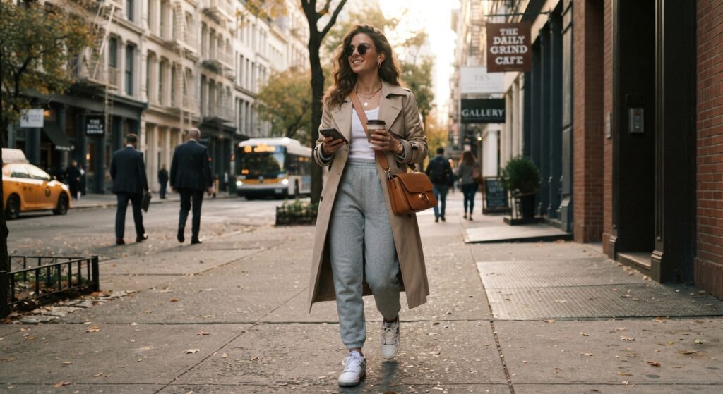 Woman wearing a tan leather crossbody bag with a trench coat and sneakers