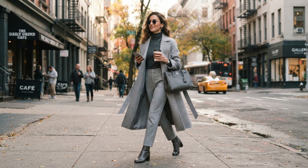 Woman wearing tonal grey clothing including trousers and a grey coat