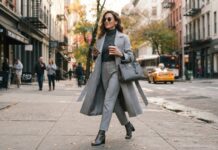 How to Style Neutral Color Palettes for Maximum Impact Woman wearing tonal grey clothing including trousers and a grey coat