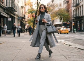 How to Style Neutral Color Palettes for Maximum Impact Woman wearing tonal grey clothing including trousers and a grey coat