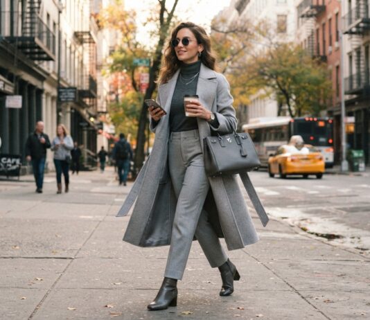 How to Style Neutral Color Palettes for Maximum Impact Woman wearing tonal grey clothing including trousers and a grey coat