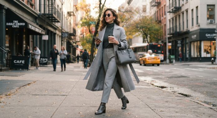 Woman wearing tonal grey clothing including trousers and a grey coat