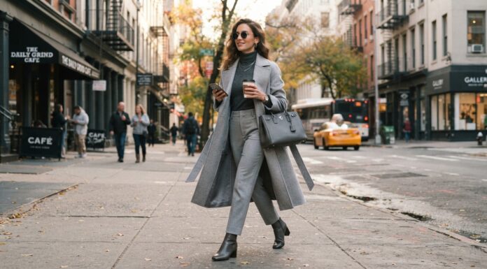 Woman wearing tonal grey clothing including trousers and a grey coat