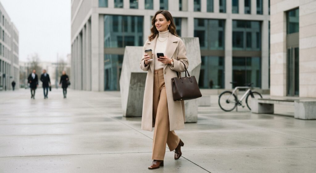 Woman wearing tonal cream and camel clothing for a minimalist look
